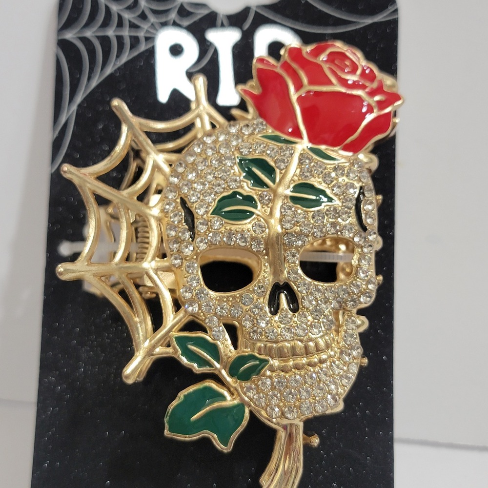Nicole Miller Skull Hair Claw Clip Gold Rhinestone Rose Spider Web Halloween NEW